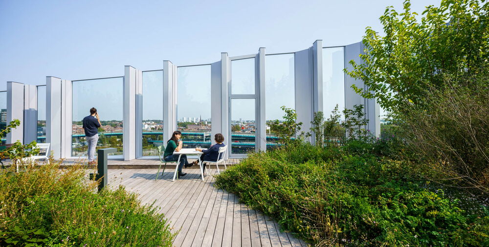 Greened rooftop surfaces provide attractive retreats in the heart of the city. Greened rooftop surfaces provide attractive retreats in the heart of the city.