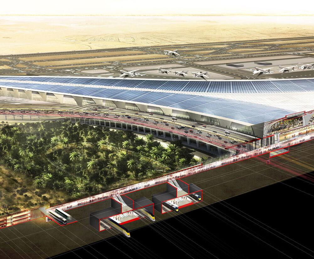 On ne peut qu’en entrevoir les dimensions : les navettes de liaison par bus et par train se dissimulent sous un aménagement paysager ressemblant à une oasis. On ne peut qu’en entrevoir les dimensions : les navettes de liaison par bus et par train se dissimulent sous un aménagement paysager ressemblant à une oasis.